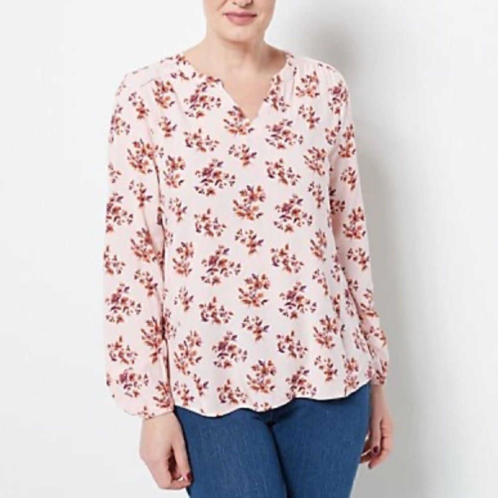 Denim & Co. Printed Woven Top with Crochet Trim
